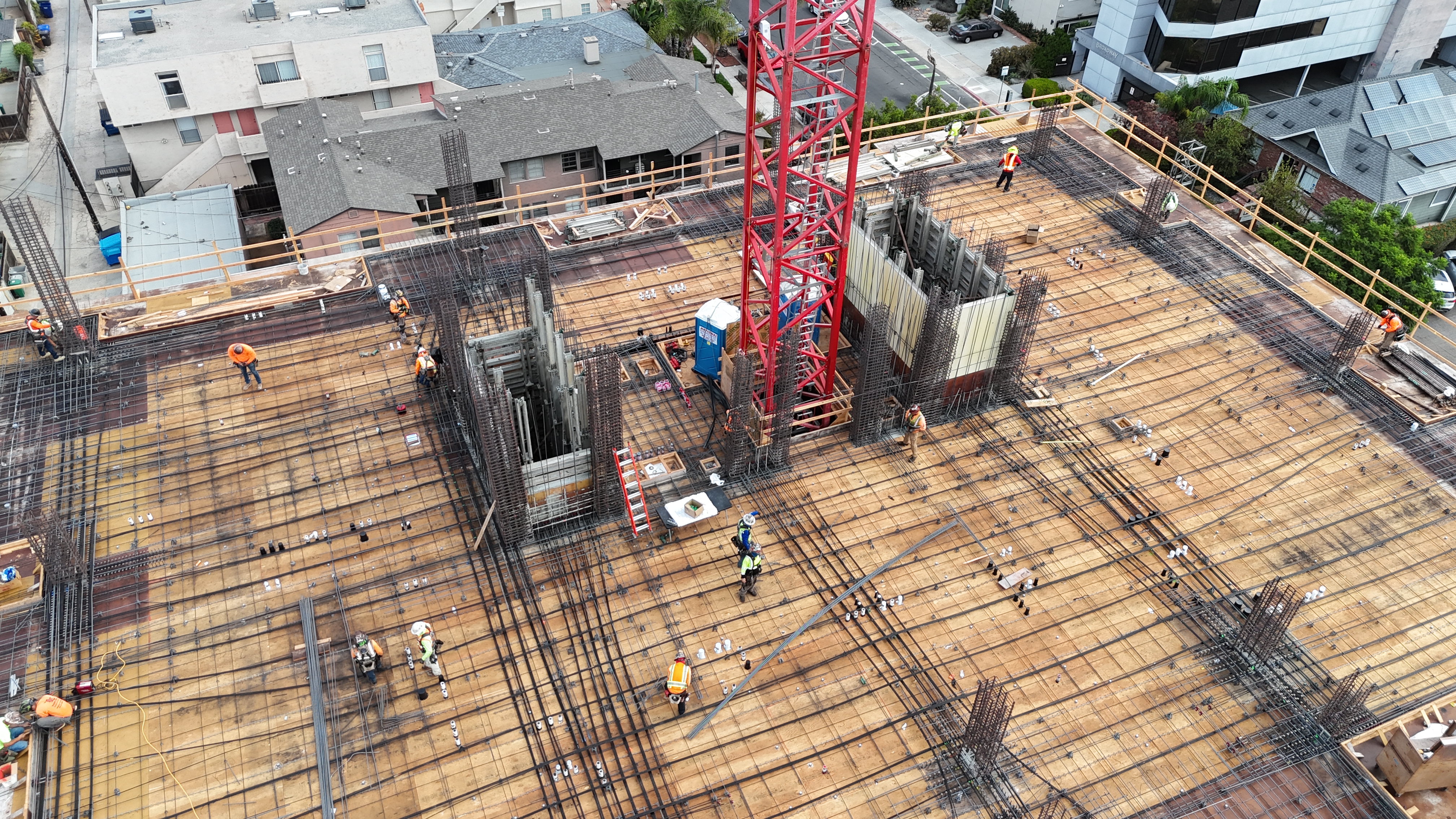 Aerial view of crews installing reinforcing steel on a concrete deck